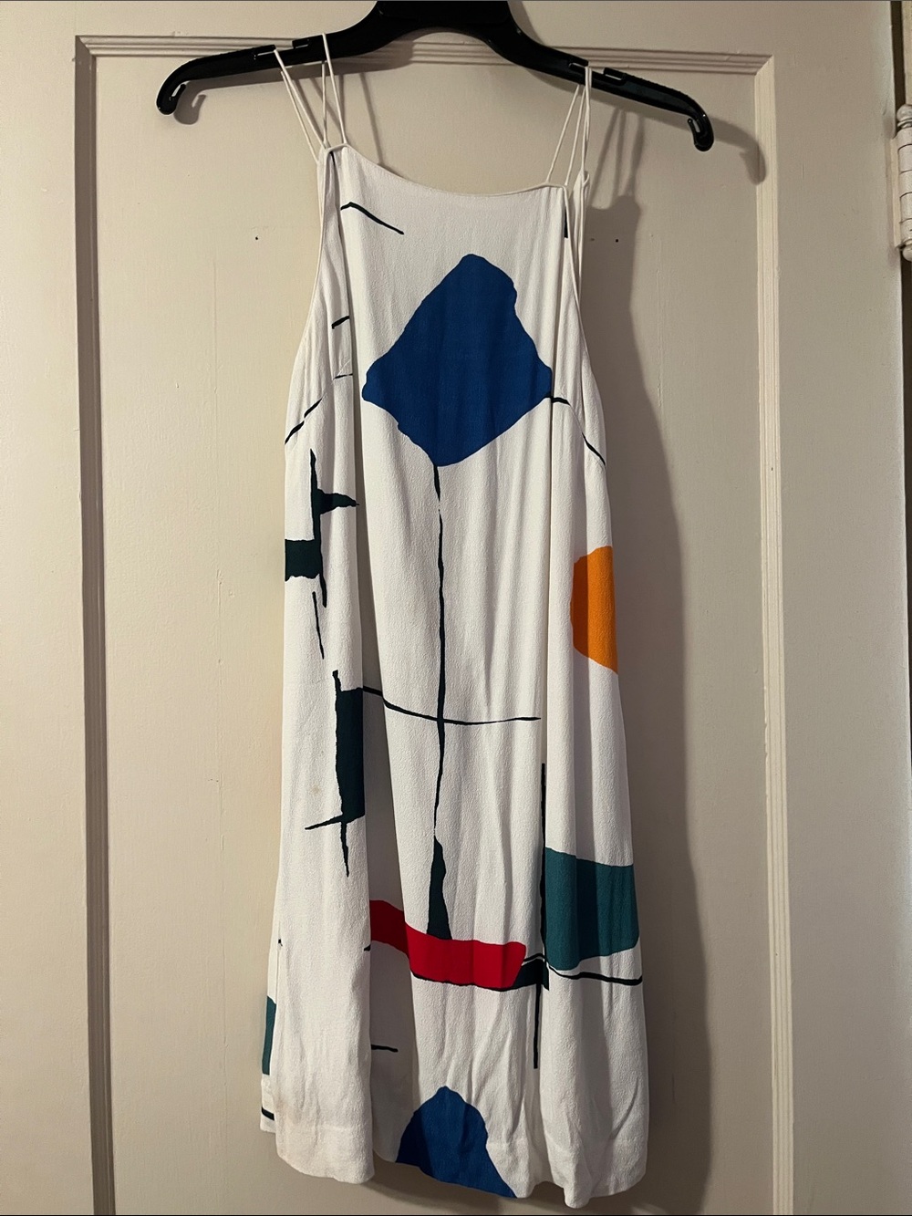 silence + noise White Abstract Midi Dress with Blue, Teal, Orange & Red Accents